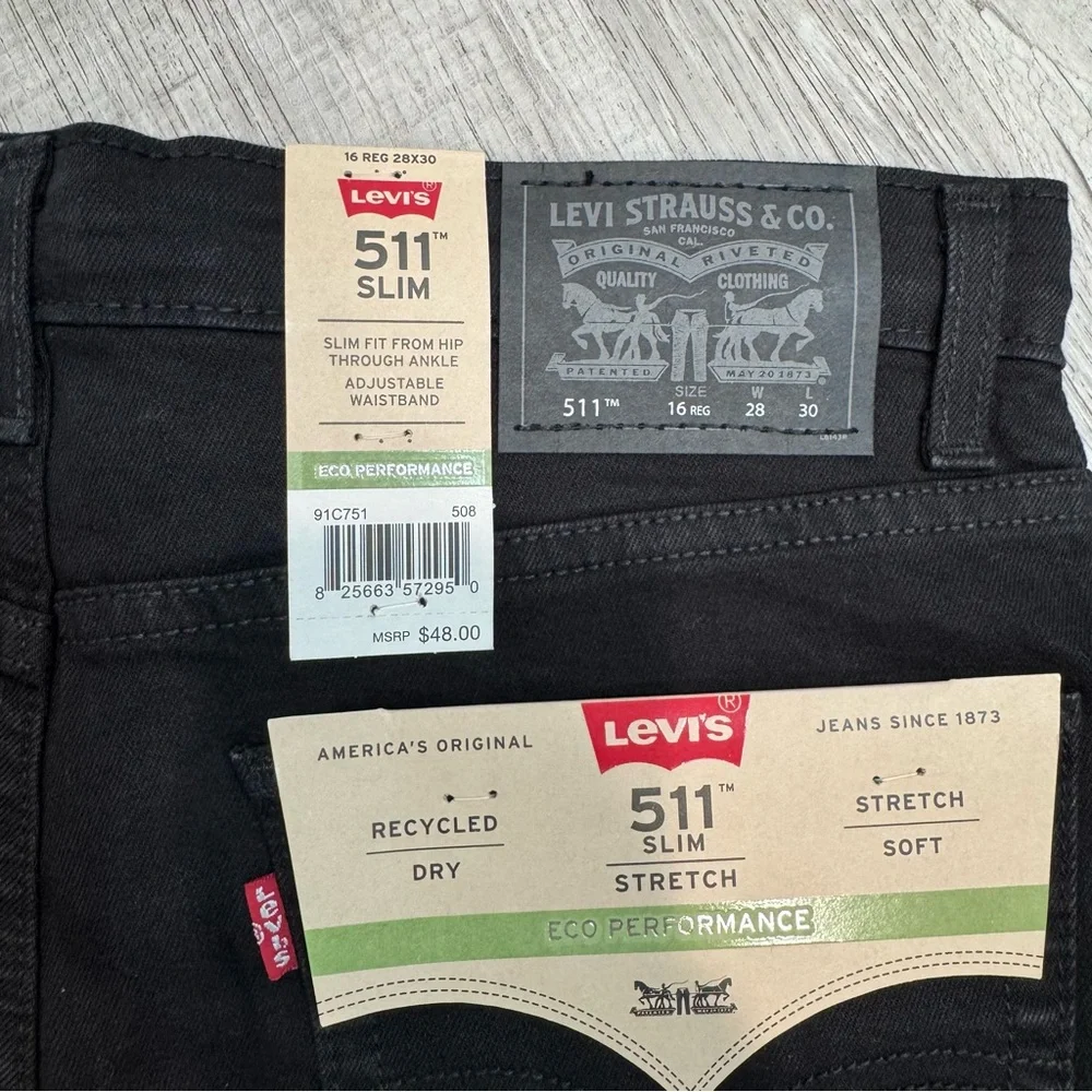 Levi's 511 Slim Stretch Fit From Hip Through Ankle Adjustable Boy 16R 28x30black - Picture 9 of 10
